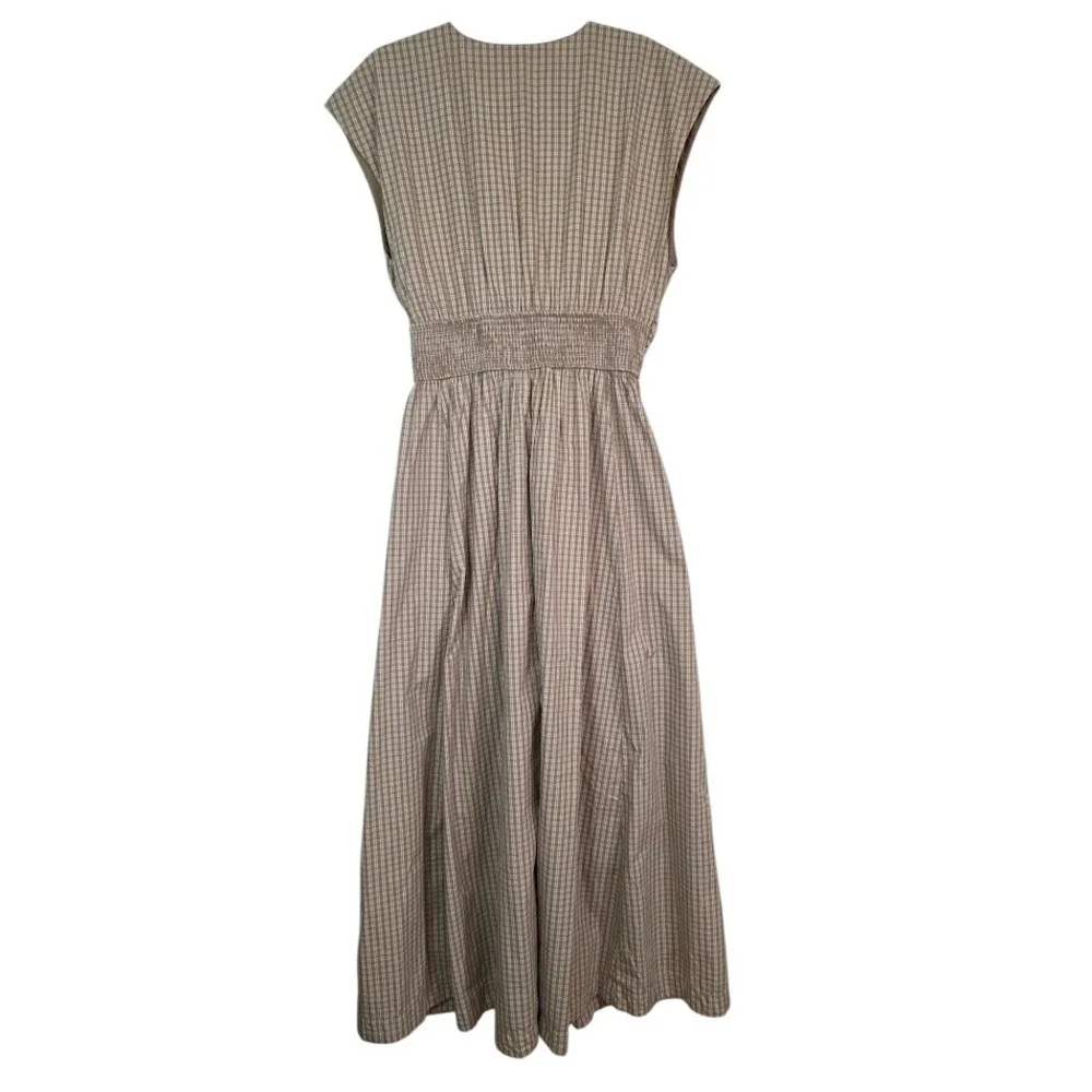 Abercrombie & Fitch L Tall Twist Bodice Maxi Dress Tan Plaid Smocked Back V-Neck